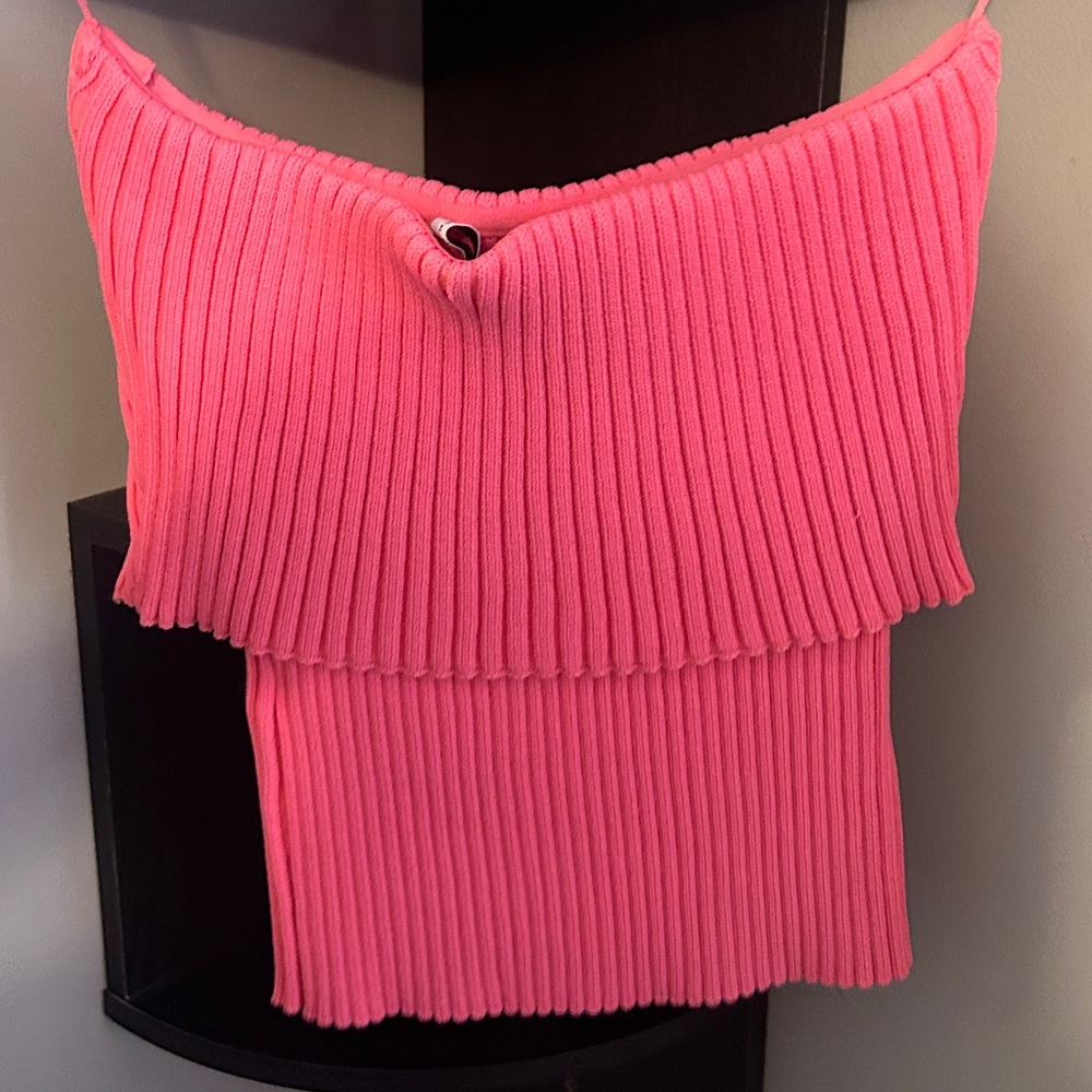 Zara Pink Ribbed Off The Shoulder Cropped Top